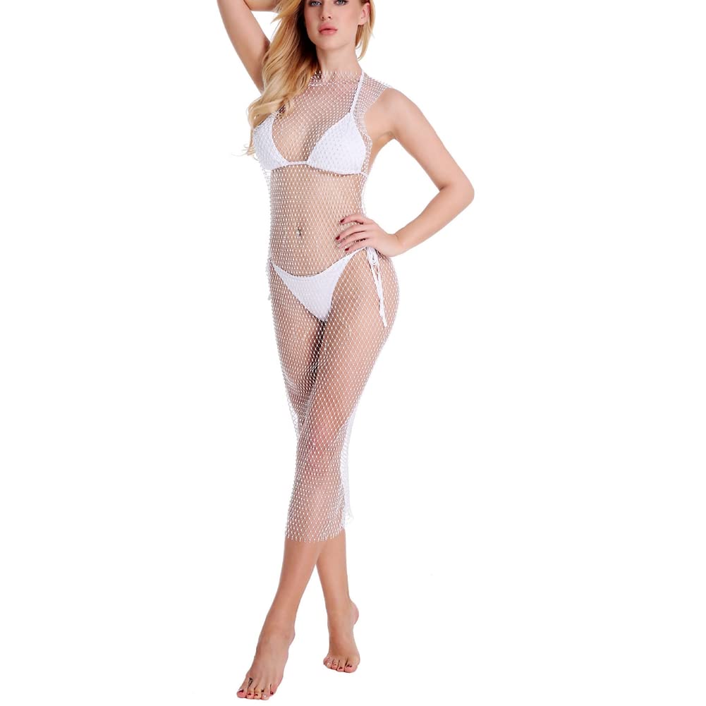 SHTGOI Damesjurk van netstof, strass, sexy, doorschijnende cover-ups, doorschijnend, mesh, cover-up, jurk, strandjurk, badmode, bikini, badpak, strandkleding, midi-jurk, lang, wit, 135 cm