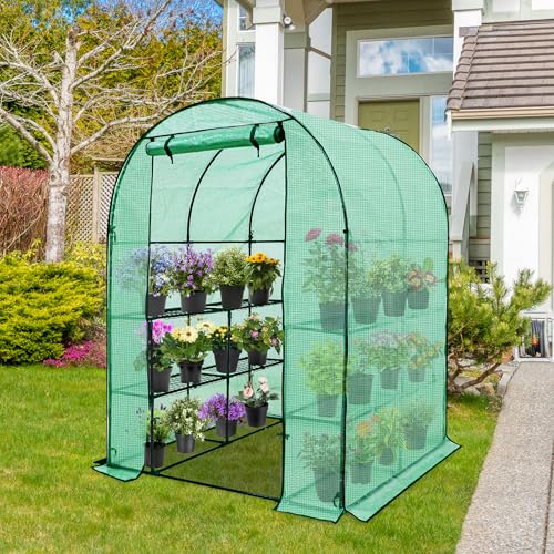 Image of EAGLE PEAK 3-Tier Walk in Portable Greenhouse with 8 Wire Shelves, Indoor and Outdoor Garden House with Roll Up Zipper Door and Windows, Easy Set Up, 56.3 inchx56.3 inchx76.8 inch, Clear /Green PE Cover