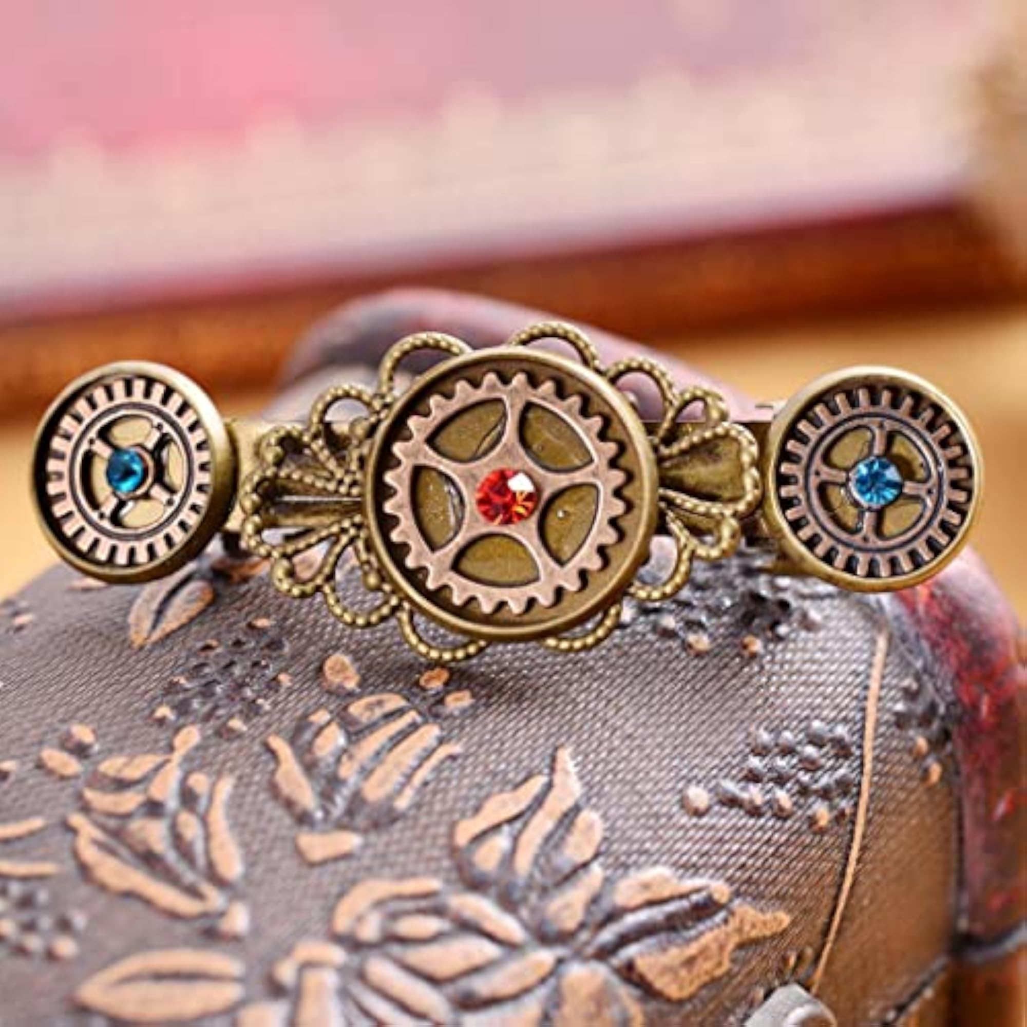 Vintage Crystal Rhinestone Steampunk Gears Hair Clip