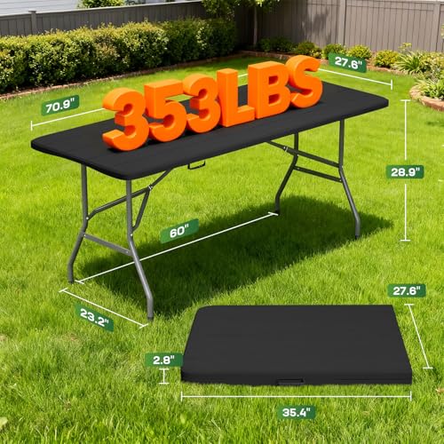 Image of FDW 6 FT Folding Table, Portable Plastic Table with Carrying Handle Perfect for Indoor, Outdoor, Party, Dining, Wedding, Events, Camping, Black Wood Grain
