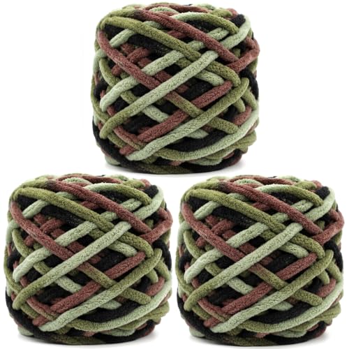 Image of Chunky Chenille Yarn for Crocheting,Camo Fluffy Velvet Plush Yarn Thick Soft Chunky Chenille Yarn Baby Blanket Yarn for Crocheting Knitting Beginners 3 * 100g(Camo Green)