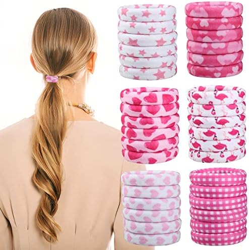 Hair Ties for Girls, 36 Pcs Soft Thick Seamless Nylon Elastic Hair Ties No Damage Pony Tails Holders for Thin Fine Hair Cute Fabric Hair Ties for Women - 6 Colors with Prints (Romantic Red)