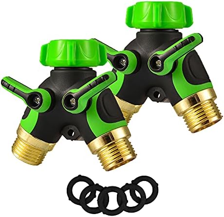 Garden 2 Way Hose Splitter Y Connector with Comfortable Rubber Grip and 360 °Rotatable Top Quick Connect Garden Hose Tee Equipment Valve Shut Off (Green 2)