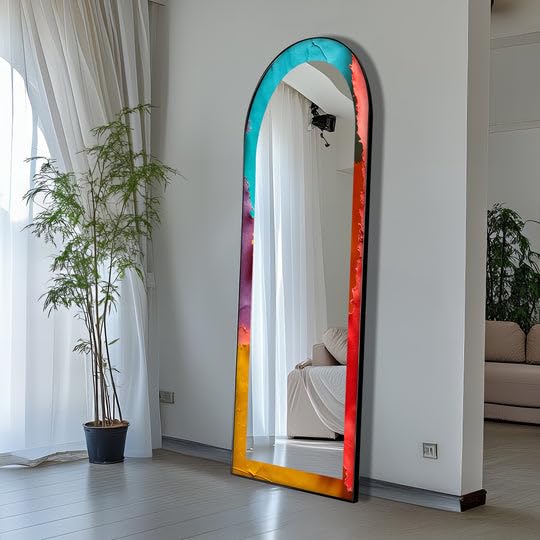 Specchio da pavimento astratto a forma di onde arcobaleno da 63,5 x 160 cm (larghezza x altezza), specchio da pavimento con cornice nera e cornice nera