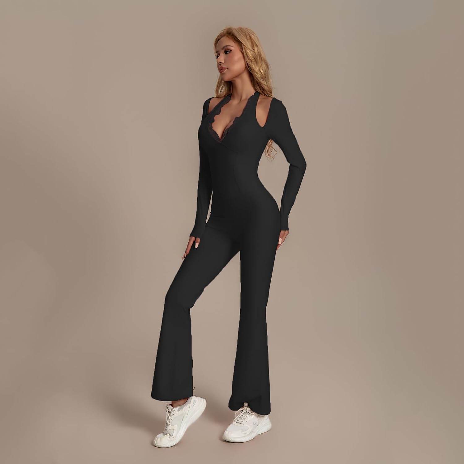 One Piece Wide Leg Jumpsuits For Women Workout Long Sleeve Jumpsuit Flare Yoga Romper V-Neck Sexy Lace - Image 4