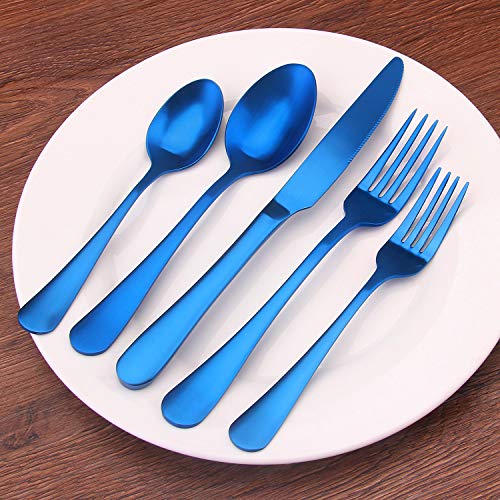 image for sharecook Matte Blue Silverware Set, Satin Finish 20-Piece Stainless S