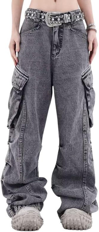 Lafaguw Women's Cargo Pants Low Waist Baggy Jeans Y2K Pocket Wide Leg Casual Trendy Streetwear Grunge Emo Clothes