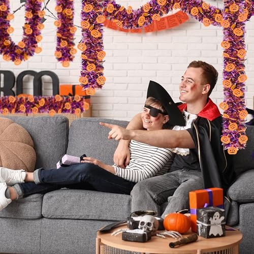 Image of 50 FT Halloween Tinsel Garland, Glitter Tinsel Garlands with Purple Orange Pumpkin, Metallic Holiday Hanging Streamers for Halloween Party Supplies Indoor Outdoor Decoration