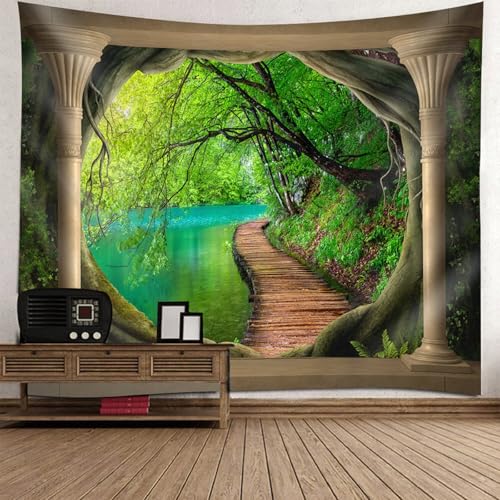 Tapisserie moderne decoration murale 220x240cm grande tenture balcon lac arbres