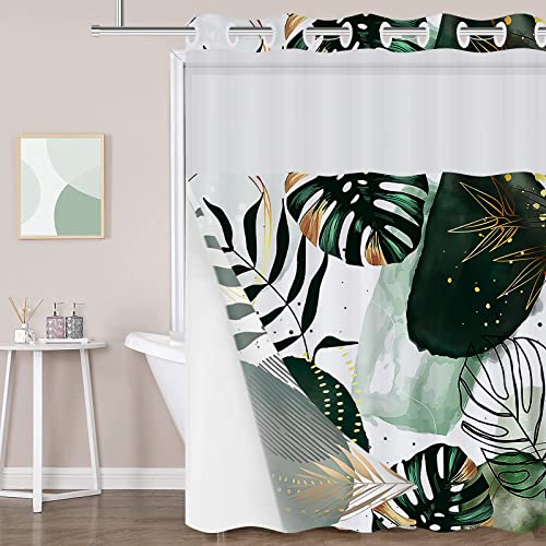 Rezaymrs Boho Green Leaf Shower Curtain No Hooks, 71X74 Inch Waterproof, Polyester Shower Curtains With Snap In Fabric Liner, Sheer Top Window, Double Layer Mid Century Modern Shower Curtains Set #TOP9
