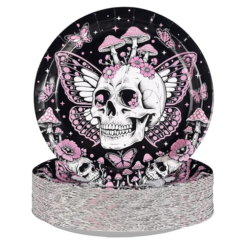 Greencian 50Pcs Gothic Skeleton Butterfly Paper Plates 9 Inch Disposable Pink Skull Mushroom Plates Goth Garden Floral Aesthetic Tableware Sets for Gothic Birthday Anniversary Party Supplies Decor
