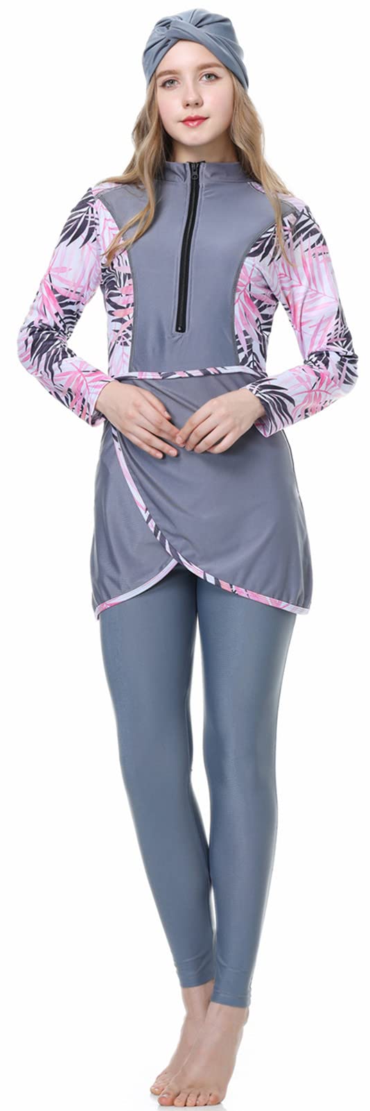 Wowdecor Women's Gray Muslim Swimsuits For 3 Piece Long Sleeve Full Coverage Swimwear Hijab Burkini Modest Swimwear (Xl, )