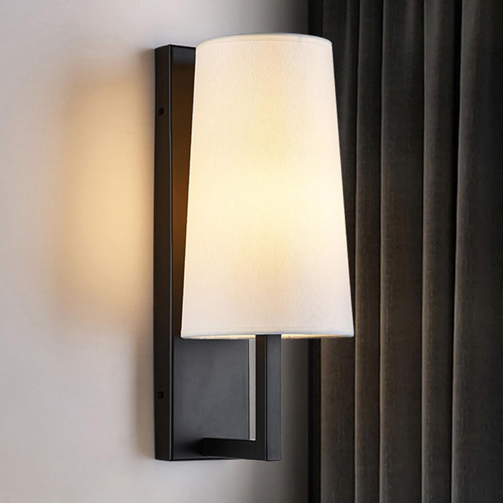 SXSCARKX Modern Light Luxury Matte Black Wall Sconce With White Fabric Shade Hardwired Indoor Mount Vanity Lamp Rustic Farmhouse Vintage Lantern Hallway For Bedside Corridor