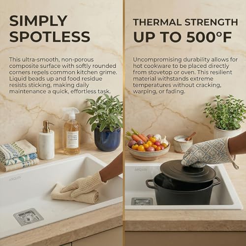 Image of ARQUIN Quartz Kitchen Sink 24x18x9 Inch White | Single Bowl Sink | Durable & Scratch-Resistant | Undermount /Topmount Including Coupling, Waste Pipe & Fruit Washing Basket