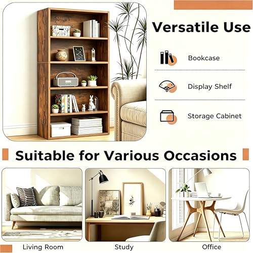 Image of HealSmart 5 Tier Bookcase, Industrial 5 Book Shelf, 9.2 inch D x 23.8 inch W x 53 inch H Tall Open Cube Storage Organizer for Home Office, Living Room, Bedroom and Dinning Room, Brown
