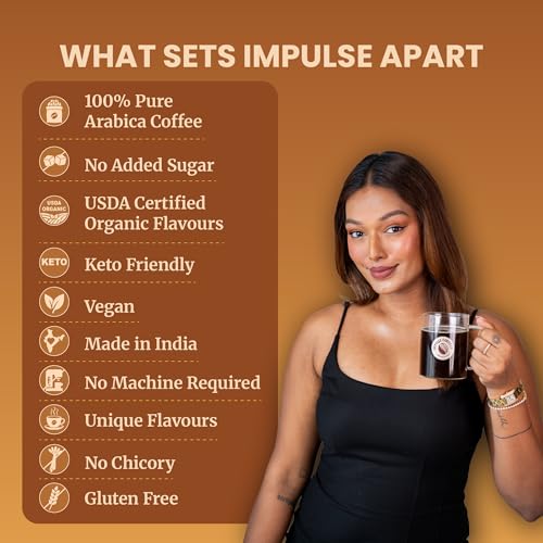 Image of Impulse Coffees Caramel Ka Kamaal Instant Coffee Powder | Sweet Caramel Flavour with Creamy Aftertaste & Indulgent Toffee Aroma | No Added Sugar Flavoured Coffee Powder for Cafe-Style Brews | 50 Gms