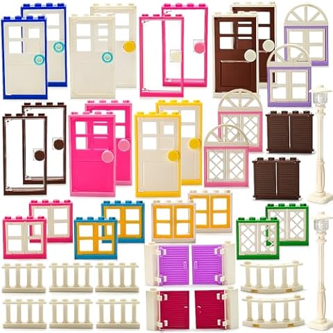 110 Pieces Doors,Windows,Fencesand Light for MOC Creative Building BlockToys Set Street House Decoration Compatible with Classic Brick for Kids Age 6 8 10 12 Years Cover