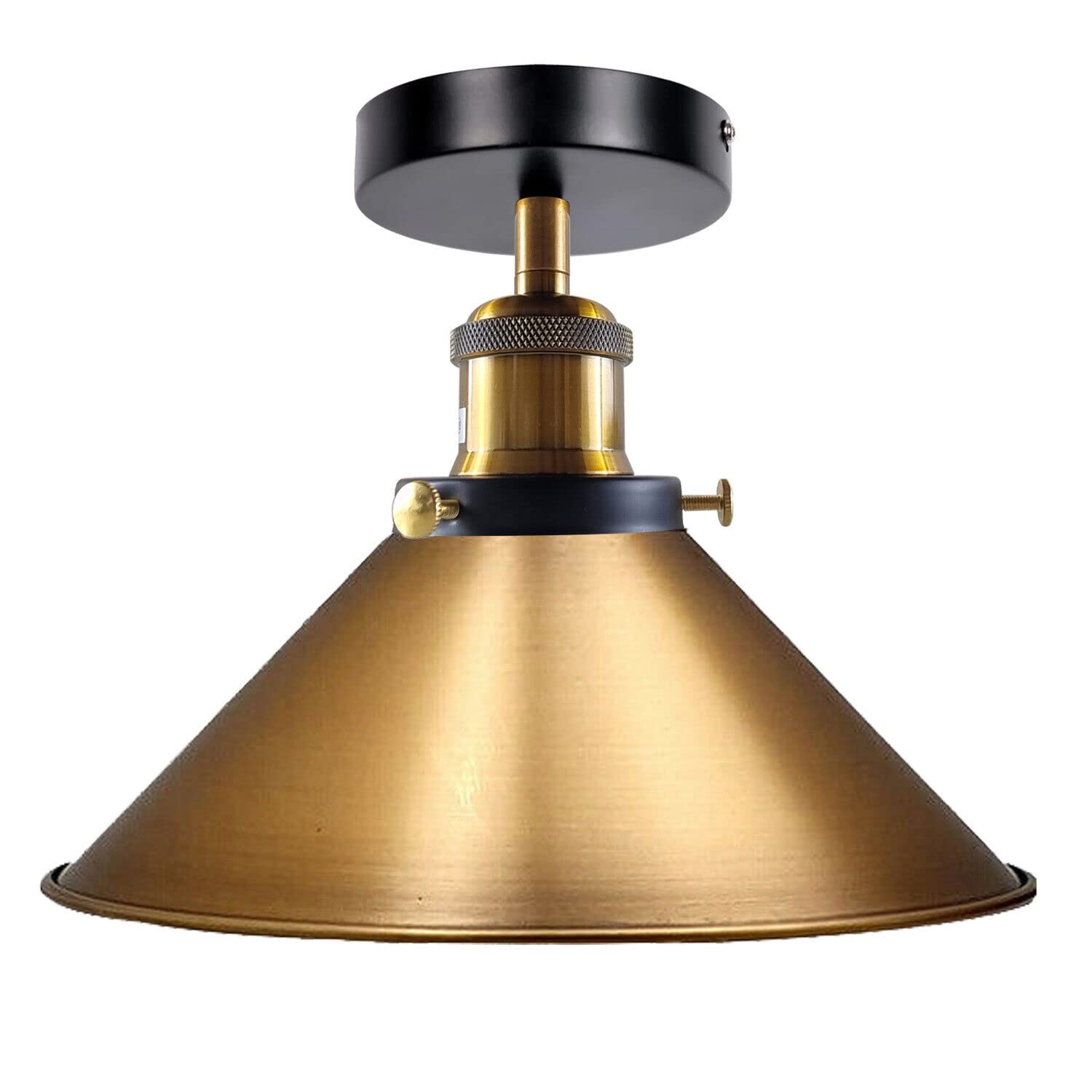 LEDSone Industrial Semi Flush Mount Ceiling Light Metal E27 Fitting 22cm Yellow Brass Cone Lampshade Indoor Lighting Fixture for Bedroom Living Room Hallway with Bulb