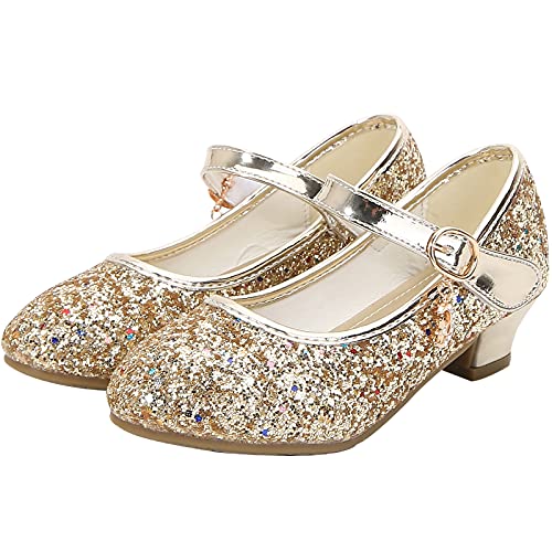 KANDEMY Mädchen Prinzessin Schuhe mit Absatz Festliche Glitzer Schuhe Kinder Stöckelschuhe für Geburtstag Hochzeit Halloween Karneval Fasching Ball Party Gold 38 Cover