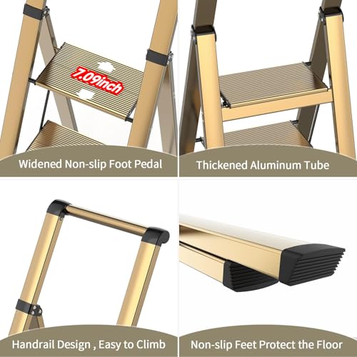 Image of SOLADDER 4 Step Ladder, Folding Step Stool with Anti-Slip Wide Sturdy Pedal and Handgrip, Portable Lightweight Aluminum Stepladder, 300 lbs Capacity, Multi-Use for Home, Library - Brown Gold