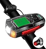Bike Light Set with Bike Speedometer, Bicycle Headlight Taillight,USB Rechargeable Bicycle Computer with Loud Bike Bell, 5 Lighting Modes Flashlight Hiking Camping All Mountain & Road Cycling (Black)