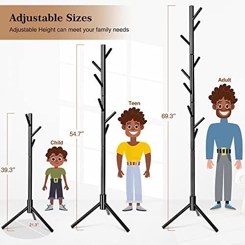 Nicqliear Wooden Freestanding Coat Rack With 9 Hooks, Adjustable Coat Rack Stand 69.3" To Hang Clothes/Bags/Hats, Standing Coat Tree Perfect For Bedroom/Entryway/Hallway, Easy Assembly, Black #TOP2