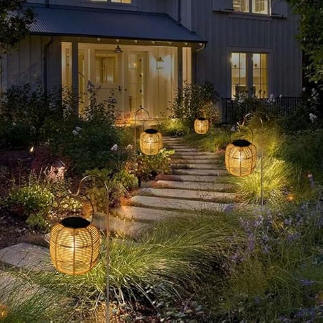 Hanging Solar Lanterns Outdoor Waterproof, 2 Pack Rattan Outdoor Lanterns, Outdoor Solar Hanging Lights, Lantern Lamp Decorations for Outside Yard Garden Pathway Porch Indoor Table Rattan Decor