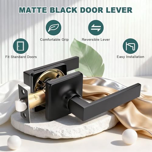 Image of GOBEKOR 3 Pack Matte Black Door Handles Square Interior Door Handle Passage Door Levers Black Closet Door Handle with Lock Modern Lever Door Handles