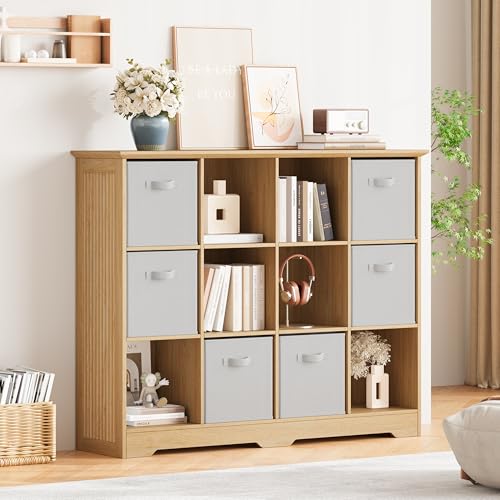 Image of 12 Cube Storage Organizer Shelf, Wood Cubby Storage with 6 Fabric Drawers, 3 Tier Wooden Bookshelf with 2 Adjustable Shelves & Fluted Side Panels for Bedroom, Living Room, Home Office, Wood
