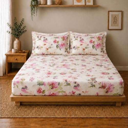 Image of Linen Home Cotton Percale Fitted Bedsheet Set King Size Floral Pink