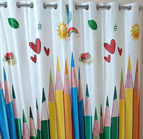 Image of 3D Pencil Colors Design Curtains for Kids Room, Window, Door Parde 4x7 feet Long Set of 3 pcs