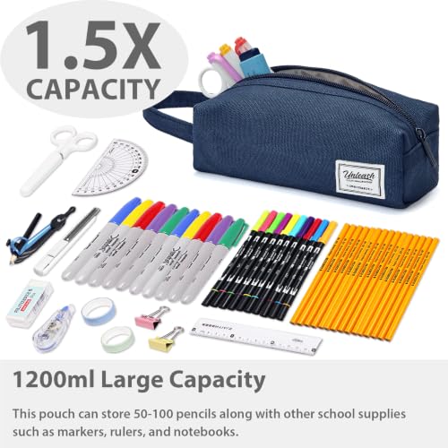 Image of SPACEMATE Pencil Case Pouch Box Bag School Supplies Girls Boys Kids, Cute Preppy Stuff Large Big Capacity Aesthetic Canvas Pen Organizer, Back to College Stationary, Navy Blue, Simple Style, 1200ml