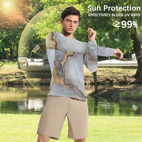 Marble White Gray Shirts Summer UPF 50+ Quick Drying Round Neck Mens Sun Protection Long Sleeve Running4