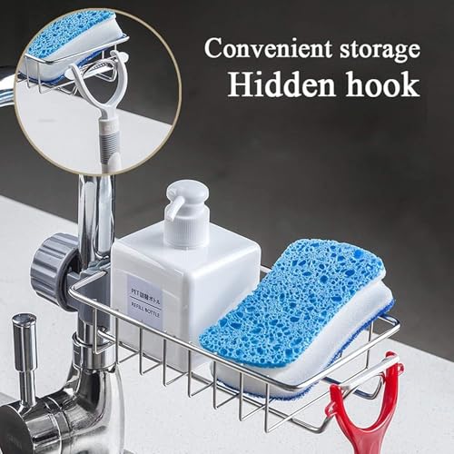 Image of Stainless Steel Kitchen Sink Caddy Organizer, Adjustable Faucet Clamp Sponge Holder with Drainage, Multifunctional Storage Rack for Soap and Scrubber
