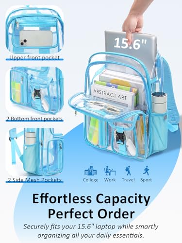 Image of Double-Layer Clear Backpack Heavy Duty, 17 Inch Large Clear Bookbag, Transparent See Through Backpack For School, Work, College, Travel, Sport- Light Blue