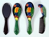Handpainted Green Parrot Bird Hair Brush Mirrow Comb Set (Set Of 3)