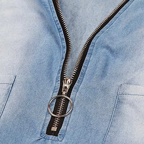 Women's Denim Dress Summer Elegant Casual Loose V-Neck Zip Solid Color Short Sleeve Mini Dress (Blue, Xxl) #TOP4