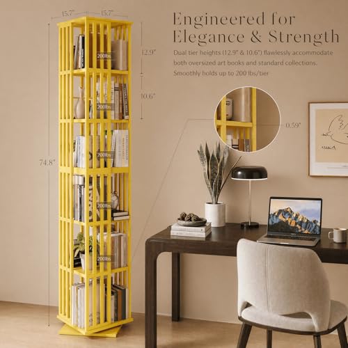 Image of Lauxery 6 Tier Bamboo Rotating Bookshelf Tower for Reading Corner, Gold | 360 degree smooth rotation, 1200 lbs total capacity, 1.71 sq ft small footprint, dual shelf heights, for small space
