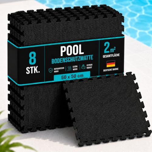 poolomio Bodenschutzmatte Pool 8 Stück XXL 50x50 cm Poolmatte Outdoor rutschfest & isolierend Pool Unterlage Schutzboden für Whirlpool & Aufstellpool Eva Puzzle Matte grau