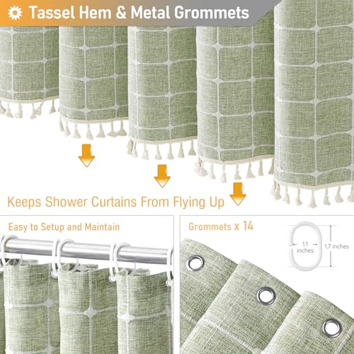 Image of BTTN 84 Inch Wide Shower Curtain - W84xH72 Inch Boho Farmhouse Linen Fabric Thick Shower Curtain Set with 14 Plastic Hooks, Large Country Water-Resistant Cloth Bath Curtains for Bathroom - Sage Green