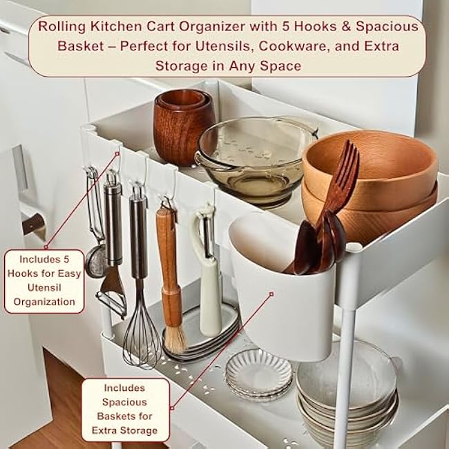 Slim Storage Cart with Wheels Lockable, 4 Tier Narrow Rolling Cart, Hooks and Basket, Multi Cart Organizer for Kitchen Bathroom Laundry Bedroom Office-9ux9V1l1