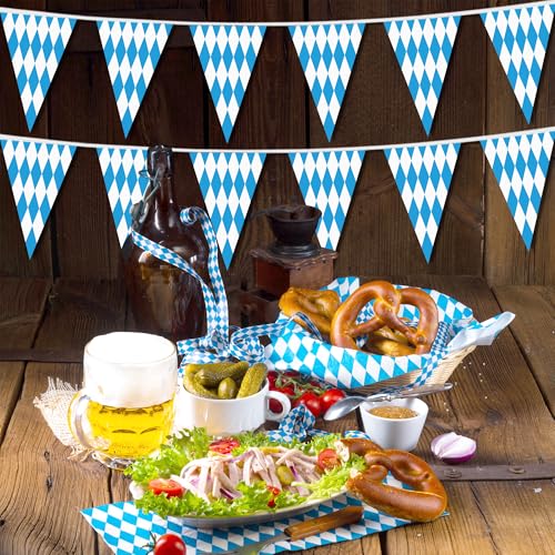 Image of 100 FT Oktoberfest Party Decorations, 3 Pack Pre-assemble Pennant Banner Flags, Plastic Blue and White Checkered Hanging Oktoberfest Decor German Bavarian Beer Festival Indoor Outdoor Party Supplies