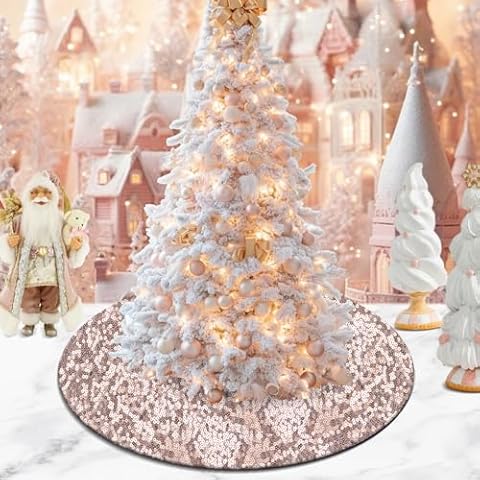 yuboo Mini Rose Gold Christmas Tree Skirt 15 Inch, Pink Sequin Tree Skirt Pastel Glitter Champagne Gold Tree Rug for 1-3 Ft Pencil Slim Small Desktop Valentines Day Decorations Cover