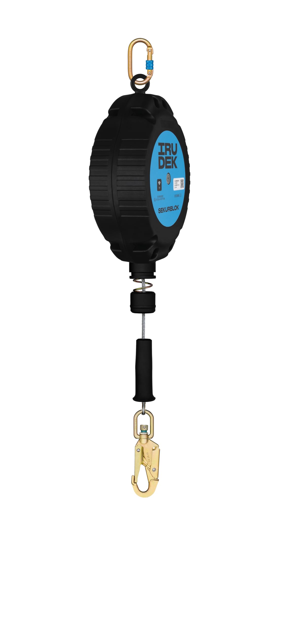 Irudek SEKURBLOK 20 – Antichute Rétractable à Câble 20 m – EN 360 – Utilisation Verticale – Charge max. 140 kg – Absorption d’Impact < 6 kN – Indicateur de Chute – Mousquetons Pivotants – NFC Ready