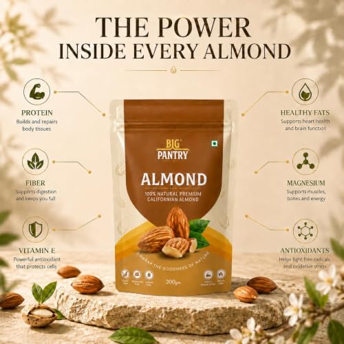 Image of BIG Pantry Premium California Almonds 200g | Whole Natural Badam | Crunchy & Fresh Almond Nuts | High Protein & High Fiber Snack | Gluten Free | Resealable Stand-Up Pouch (Pack of 1)