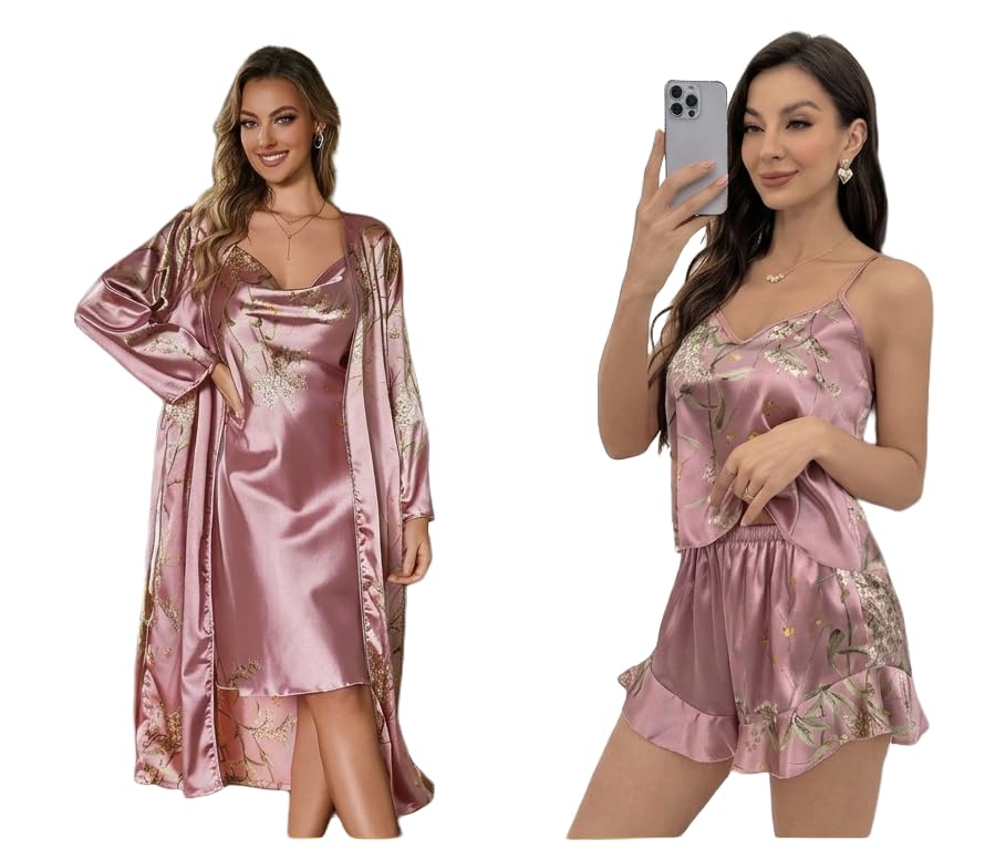 JJ's Imported Satin Silk High End Luxury Women's 5 Pieces Pajama Set, Silky Robe Sets Nightgown, Satin Sleepwear, Loungewear-picture-22