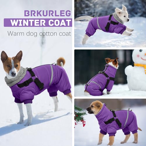 Image of BRKURLEG Purple Dog Coat with Harness, Dog Winter Jacket, Dogs Onesie Body Warm Jackets, Small Medium Dogs Winter Coats Reflective Windproof Warm Cold Weather Coats, Pet Waterproof Jacket, XXL