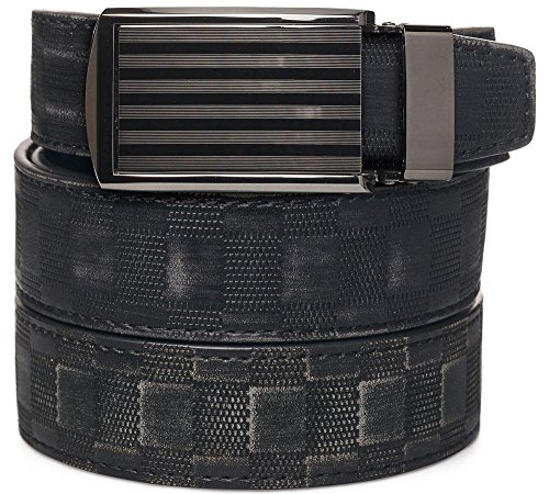 SlideBelts Men's Classic Belt with Premium Buckle (Distressed Checkered Leather with Bar-Striped Buckle (Animal-Friendly), One Size)