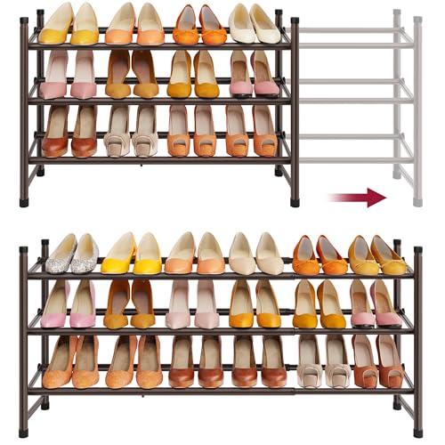 Image of Tajsoon 3 Tier Expandable Shoe Rack for Closet, 28 inch-41 inchAdjustable & Stackable Shoe Shelf Storage, Metal Shoe Rack Organizer for Front Door Entrance, Closet, Garage, Entryway, Bronze