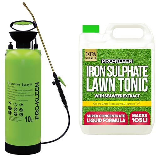 Pro-Kleen Liquid Iron Sulphate Ferrous Conditioner 5L - Fertiliser, Grass Greener & Turf Hardener with 10L Garden Pump Sprayer – Prevents Lawn Disease for Healthier Grass